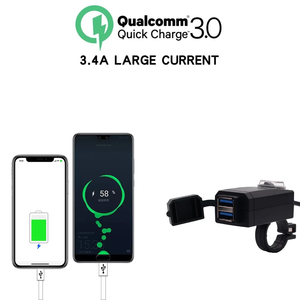 Usb Автомобильное зарядное устройство 12-24 В мотоцикл двойной USB зарядное устройство QC3.0 адаптер питания для быстрой зарядки с переключателем