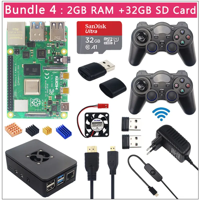 Комплект 4 Игровой Комплект Raspberry Pi 4 Модель B+ 2,4G беспроводные геймпады+ 64G 32G sd-карта+ ABS чехол+ блок питания+ вентилятор+ Micro HDMI - Комплект: Комплект 4