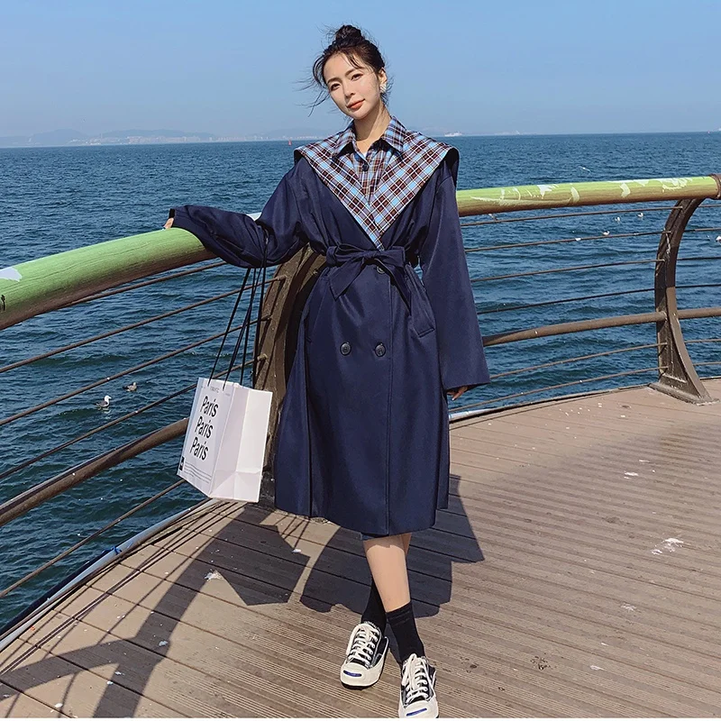 Windbreaker Jacket for Women 2022 Plaid Stitching Trench Fake Two-piece Autumn Double-breasted Loose Coat Fashion Ladies Cloak | Женская