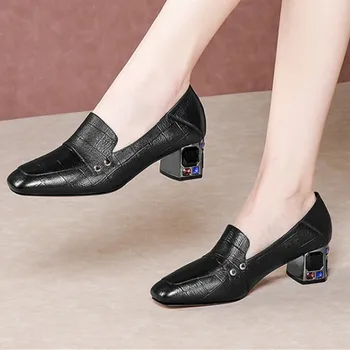 

Retro crystal med Heels Genuine Leather women pumps square Toe Party Shoes Woman Spring Summer Brand Office Pumps Shoes