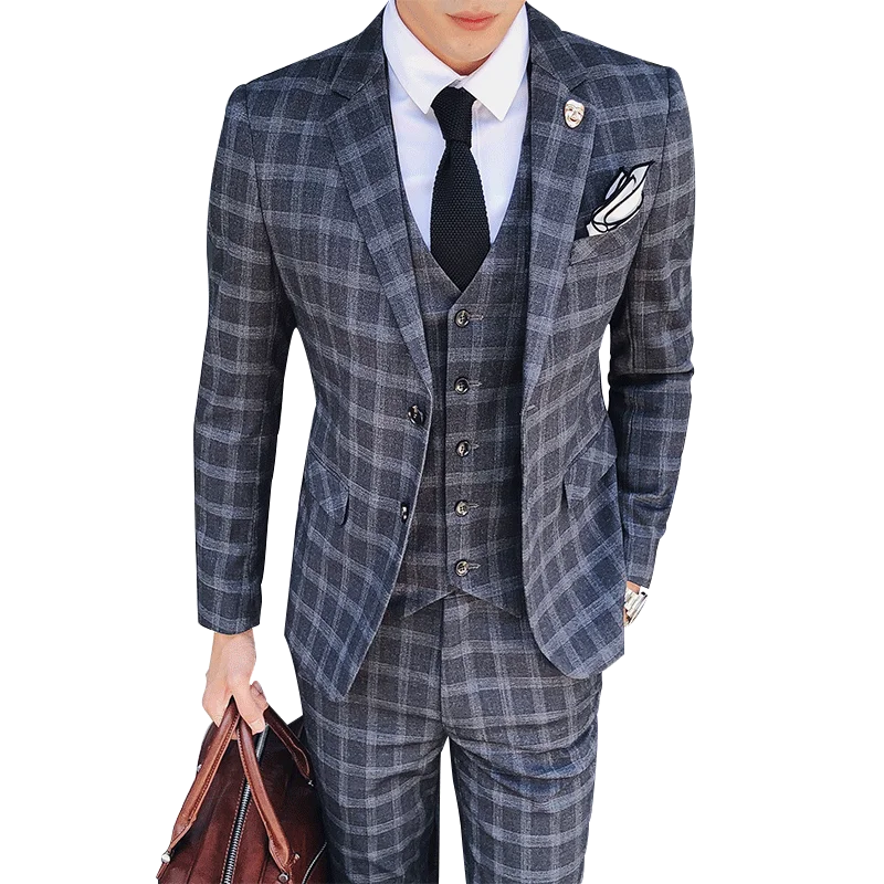 

3-piece Set ( Jacket + Vest + Pants ) New Men's High-end Brand Official Plaid Business Suit / Men Suit Groom Wedding Dress Suit
