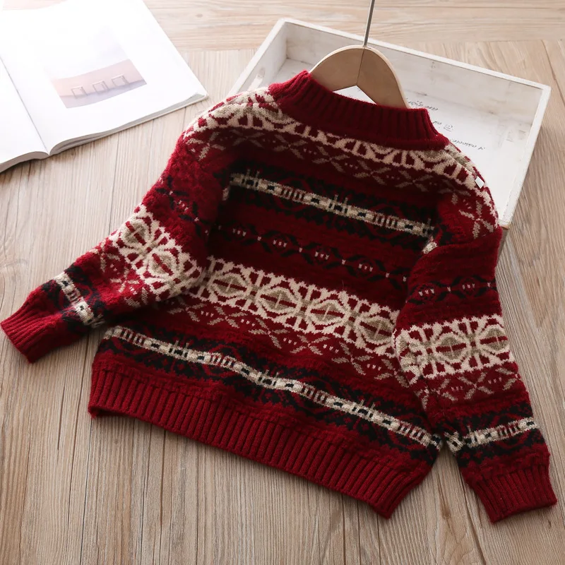 Рождественский свитер для девочек; Хлопковый вязаный свитер для малышей; утепленные свитера для мальчиков и девочек; топы с модным принтом; детская зимняя одежда