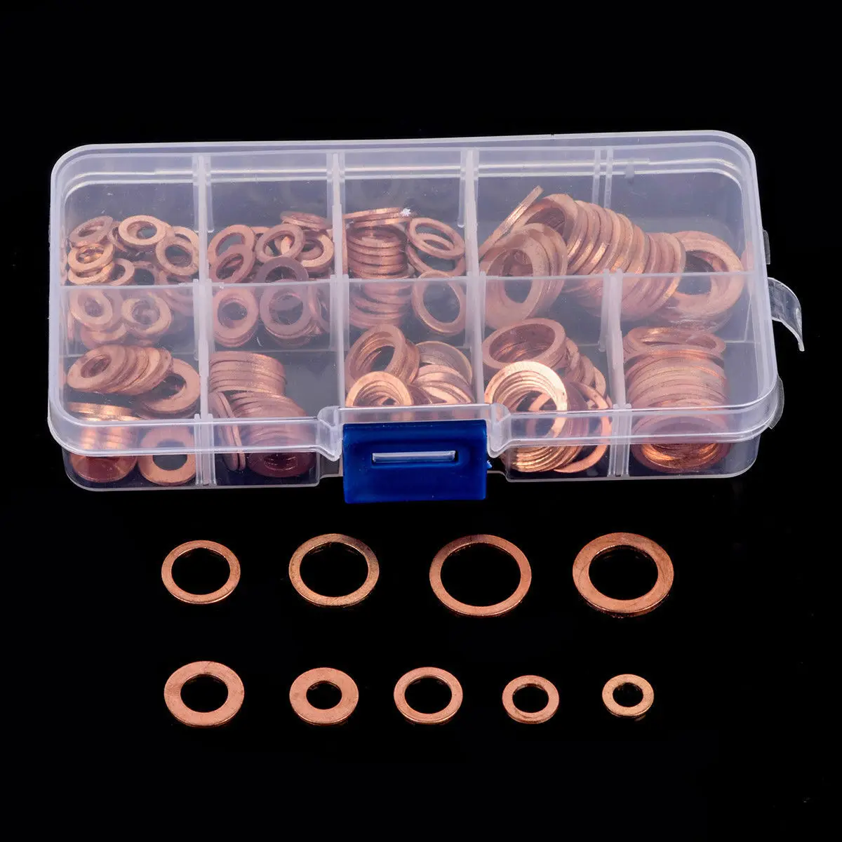 

200Pcs Solid Copper Washers Sump Plug Assorted Washer Car Set Plastic Box New