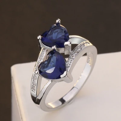 Dark blue Bague Ringen Топ бренд двойное сердце дизайн топаз кольца для женщин серебро 925 ювелирные изделия драгоценные камни кольца подарки на Рождество юбилей - Цвет камня: Dark blue