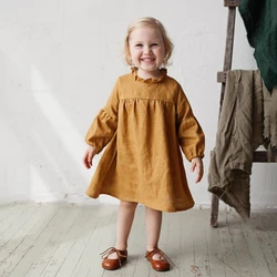 Vestido casual liso manga longa para meninas, roupas de festa para crianças e bebês, primavera