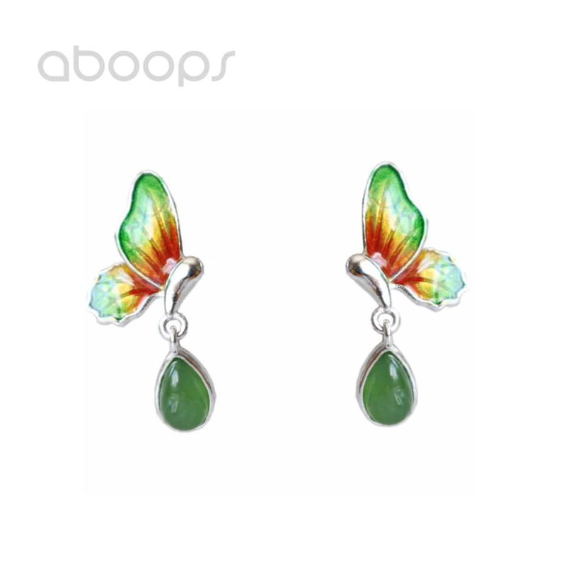 

925 Sterling Silver Enamel Butterfly Earrings with Jade for Women Girls,Free Shipping