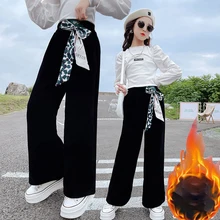

Girls Straight-leg Pants Winter Fleece All-match Trousers Children Casual Chenille Split Fork Wide Leg Pants Kids Clothing 14 Y