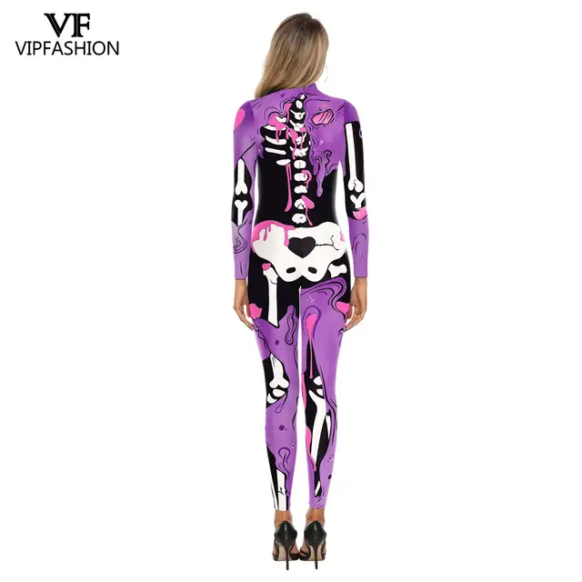 VIP FASHION Adult Skeleton Print Halloween Cosplay For Women Ghost Jumpsuit Party Carnival Performance Scary Costume Bodysuit 4