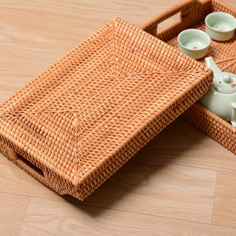 New-Rattan Woven Storage Fruit Basket Candy Snack Snack Plate Cutlery Tray With Breakfast Bed Bar Dinner Rectangular 14.5X10.2 I