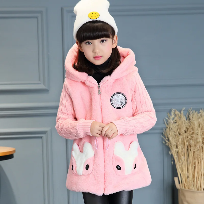 Зимнее флисовое пальто из искусственного меха для девочек теплая утепленная куртка пальто с капюшоном детская зимняя одежда, верхняя одежда Y846 - Цвет: Розовый