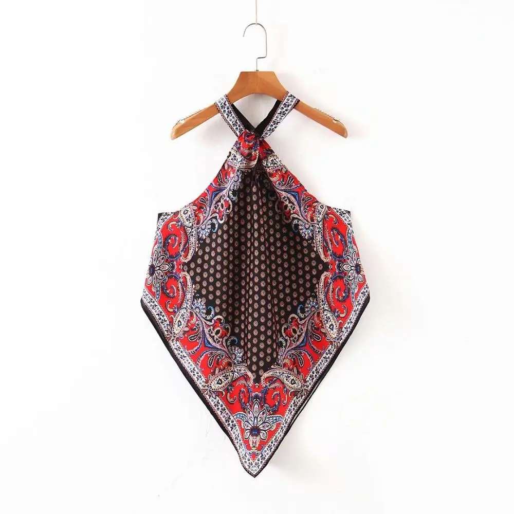 ZA Spring Summer Printed Sling Tops Women T Shirt Fashion Clothes Sleeveless Printing Halter Top Statement Clothing New - Цвет: 1