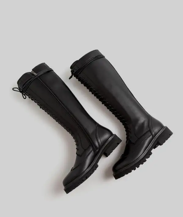 black Buono Scarpe/модные женские сапоги до колена; черные кожаные женские ботинки с перекрестной шнуровкой; обувь в байкерском стиле в стиле панк; повседневные женские сапоги; Mujer - Цвет: black