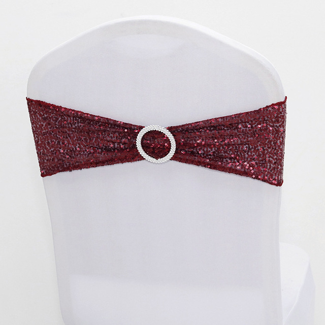 Quality Shiny Sequin Rose Gold Stretch Bands With Round Buckle For Wedding Events Party Decoration Spandex Chair Sashes