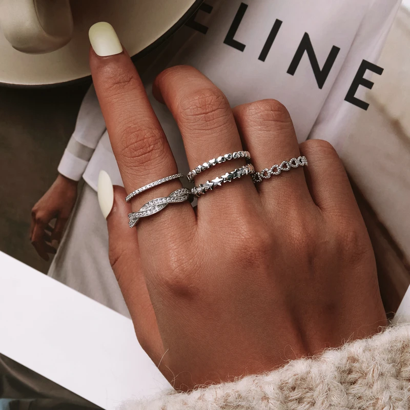 WOSTU 100% Authentic 925 Sterling Silver 6 Style Stackable Party Stars Rings For Women Original Silver Brand Jewelry Gift 7151