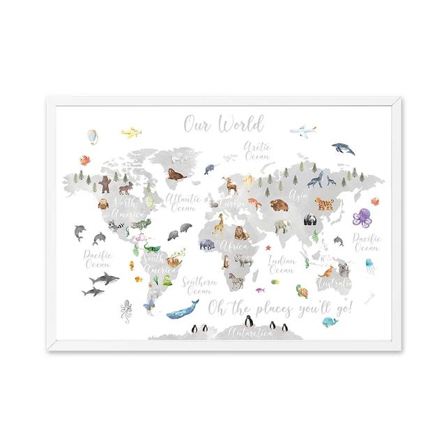 Educational Animal World Map Picture Children Poster Nursery Wall Art Canvas Print Painting Baby Kid Bedroom Playroom Home Decor h