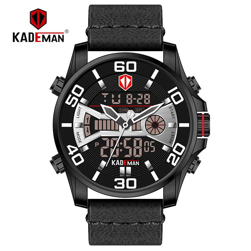 New Men Watch TOP Quality Sport Watch 3ATM LED Display Tech Wristwatch KADEMAN Fashion Brand Design Casual Leather Clcok Relogio - Цвет: K6171-B-W-B