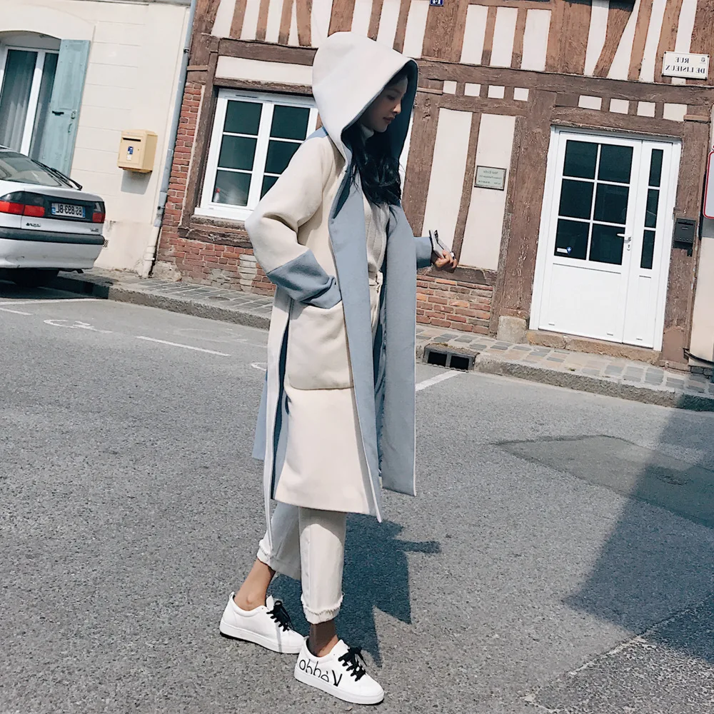 

Woolen Jacket Mid-length 2018 New Style Korean-style WOMEN'S Wear Fashion CHIC-Style Mixed Colors Hooded Waist Hugging Woolen Ov