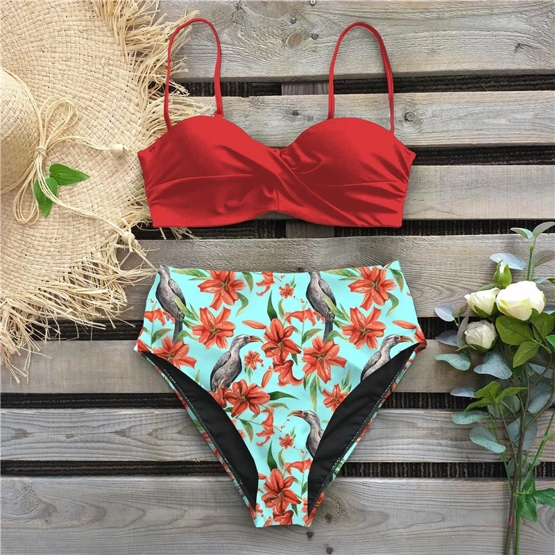 bathing suits Sexy Leaf Print Bikini 2021 Female Swimsuit Women Swimwear Thong Push Up Bikinis Set High Waist Swimming Suits for Bathing Suit red bikini set