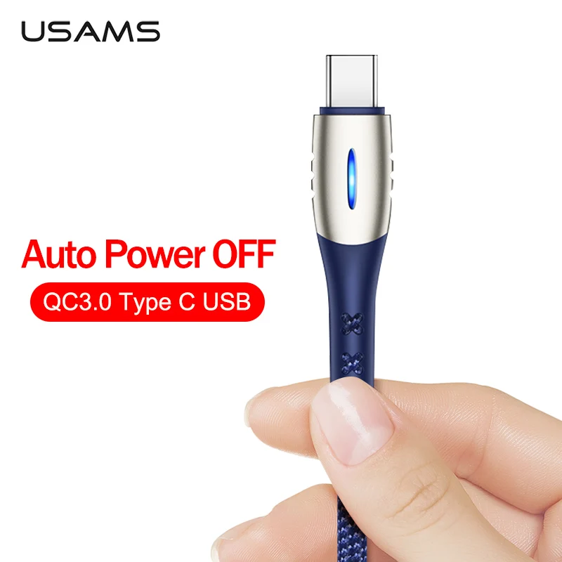 USAMS USB Type C кабель Smart Power off QC3.0 кабели для быстрой зарядки LED smart charger Samsung s10 8 Huawei