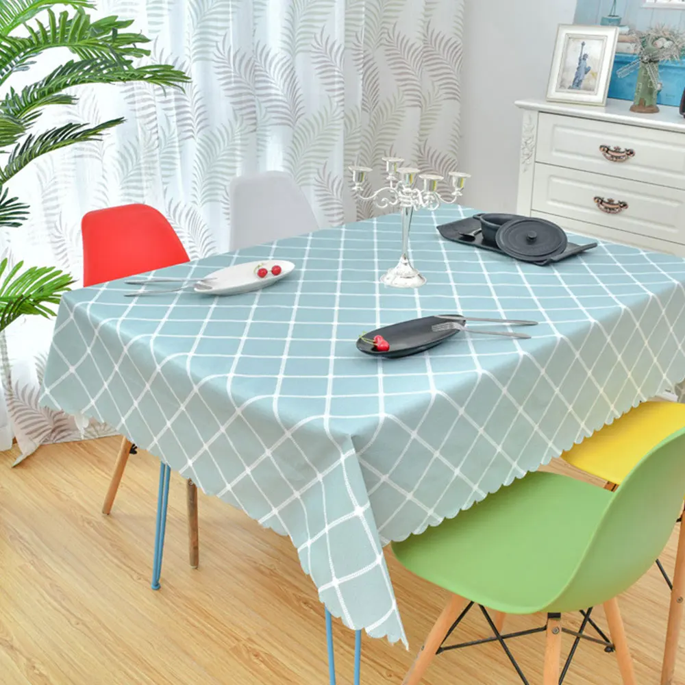 Grid Printed Flower Tablecloth Pattern Tablecloth PVC Rectangular Oilproof Kitchen Banquet Wedding Party Hotel Decoration - Color: light blue