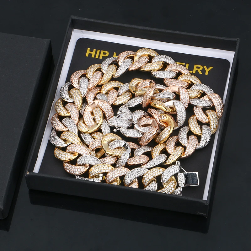 Мужская хип-хоп, Мужская цепочка, кубинское ожерелье, смешанный цвет, 18 мм, латунная цепь, стразы, CZ Bling Rapper, ювелирные изделия с коробкой