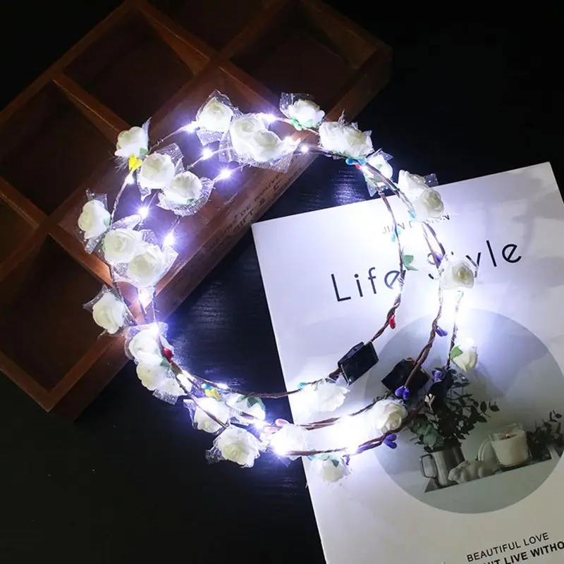 Head With Lights Lit LED Flower Hair Crown Flower Wreath Wedding Party Garden Festive Party Supplies Valentine Decorations