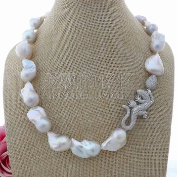

N102206 19" 15x23MM White Keshi Pearl CZ Lizard Connector Necklace