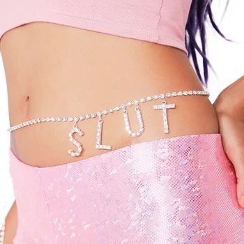 

Full Rhinestone Body Chain Letter Waist Chain For Women BITCH SLUT BABE Sexy Crystal Waist Belt Body Belly Bikini Beach Jewelry