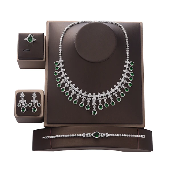 white gold green Набор украшений HADIYANA, винтажный, великолепный, циркониевый, женский, Свадебный, ожерелье, серьги, кольцо и браслет, набор CNY0074 Sieraden - Окраска металла: white gold green