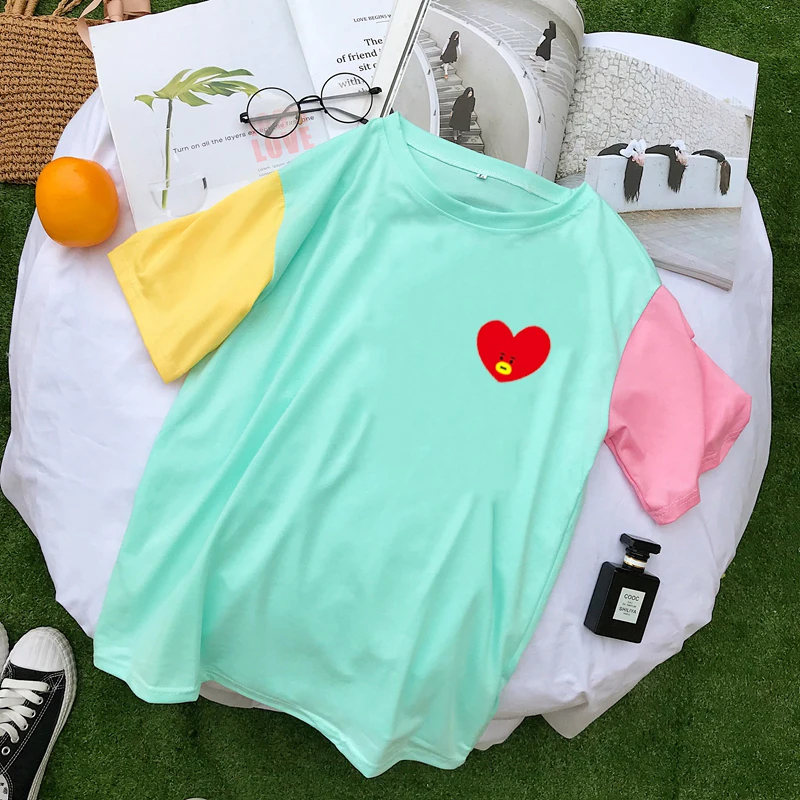 Kpop, новинка, Харадзюку, забавные женские футболки со смайликом и сердечком, корейские повседневные кавайные футболки, топы, летняя футболка с коротким рукавом, Femme