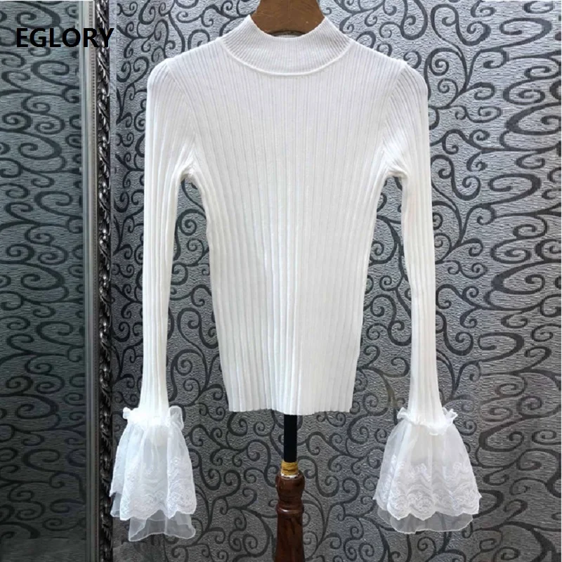 

New 2019 Autumn Winter Pullovers Women High Quality Knitting Flare Sleeve Casual White Black Wine Red Basic Sweaters Ladies
