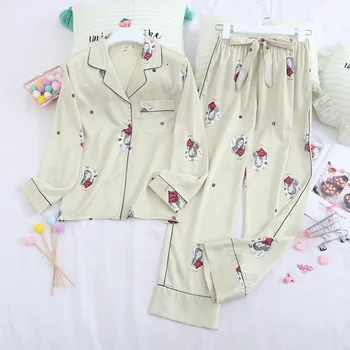 

Smmoloa Ladies Sexy Satin Pajamas Set Long Sleeve Top+Pants Sleepwear Printing Autumn Female Home Wear