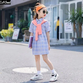 

Girl Plaid Dress Big Children Girls Vintage Plaid Shirts Dress Kids Cute Casual Short Sleeve Dress Students Princess Party Dress