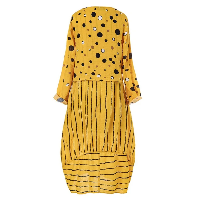 Polka Dot Yellow Dress For Woman Large Loose Fake Two-piece Cotton Linen Dress Summer Plus Size Sundress Female O-Neck Dress