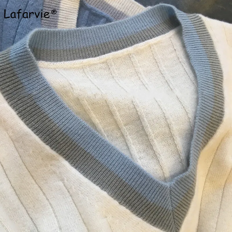 Lafarvie шерстяной смешанный вязаный свитер с v-образным вырезом Женские топы в полоску длинный рукав свободного кроя теплый мягкий модный джемпер высокого качества