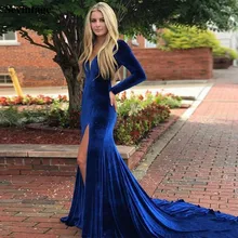 

Sevintage Simple Royal Blue Deep V-Neck Mermaid Prom Dresses Long Sleeves Split Evening Gowns Court Train Women Party Dress