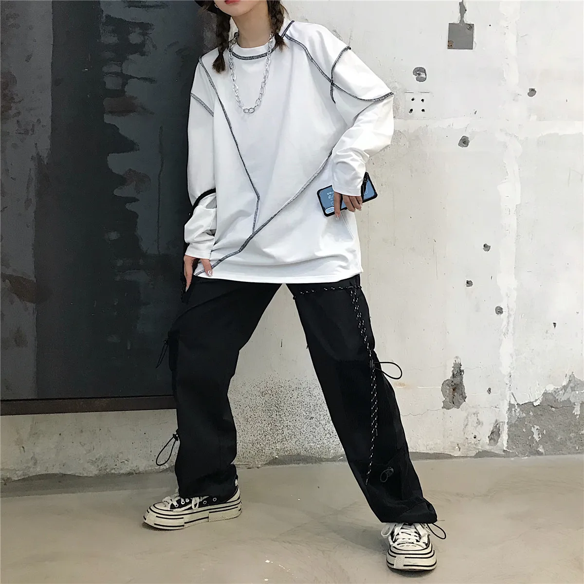 Хип-хоп панк Футболка Топ Harajuku уличная Корейская длинный рукав однотонный графический пуловер свободные негабаритные осень зима