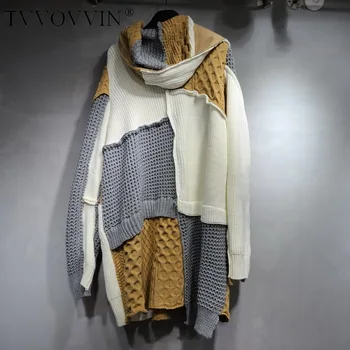 

TVVOVVIN Hooded Women Sweater Color Matching Cardigans Sweaters Woman Irregular Long Knitting Sweaters Women 2020 New LRU9