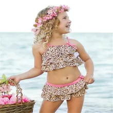 Комплект из 2 предметов, бикини для маленьких девочек, купальный костюм из полиэстера, детские купальные костюмы без рукавов с леопардовым принтом, комплекты купальных костюмов