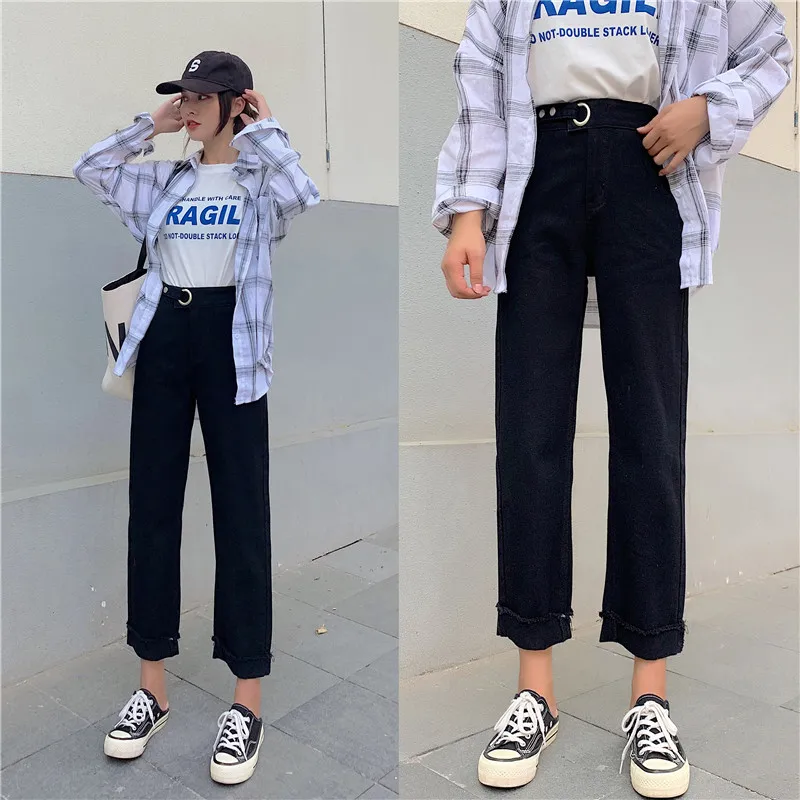 S-xl 2 цвета Осень корейский стиль Женские винтажные джинсы женские прямые джинсы с высокой талией для женщин(Z8578