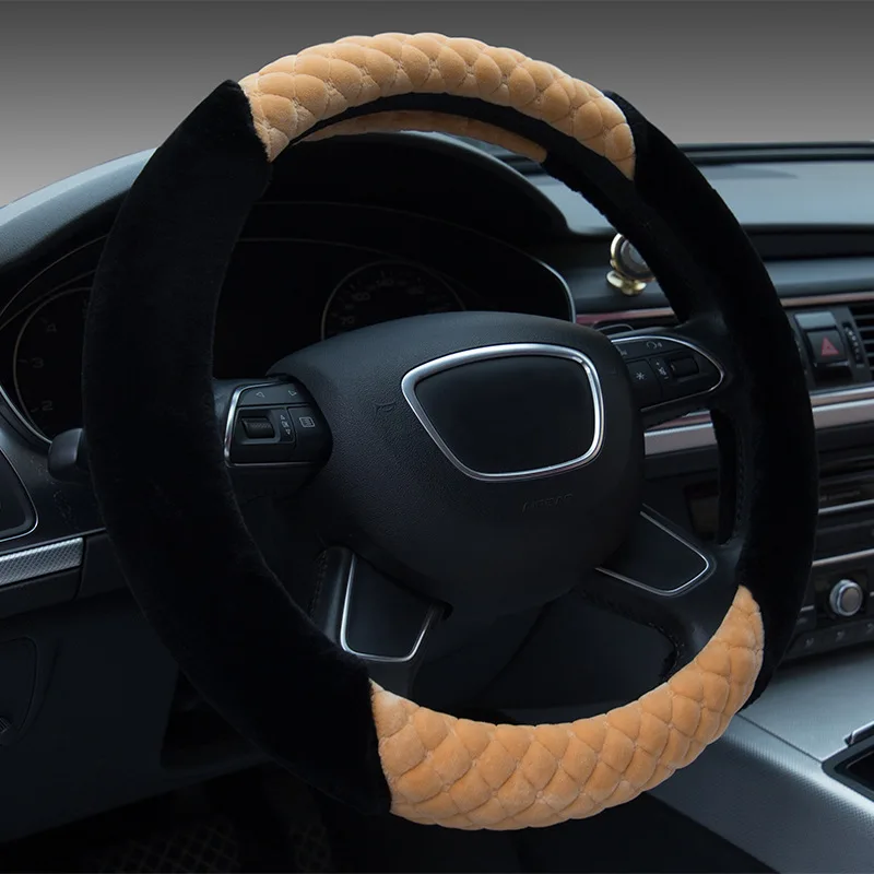15 Inch Steering Wheel Cover Winter Short Plush Women Men Warm Auto Accessories Contrast Color Girl Car Decoration Warm Winter