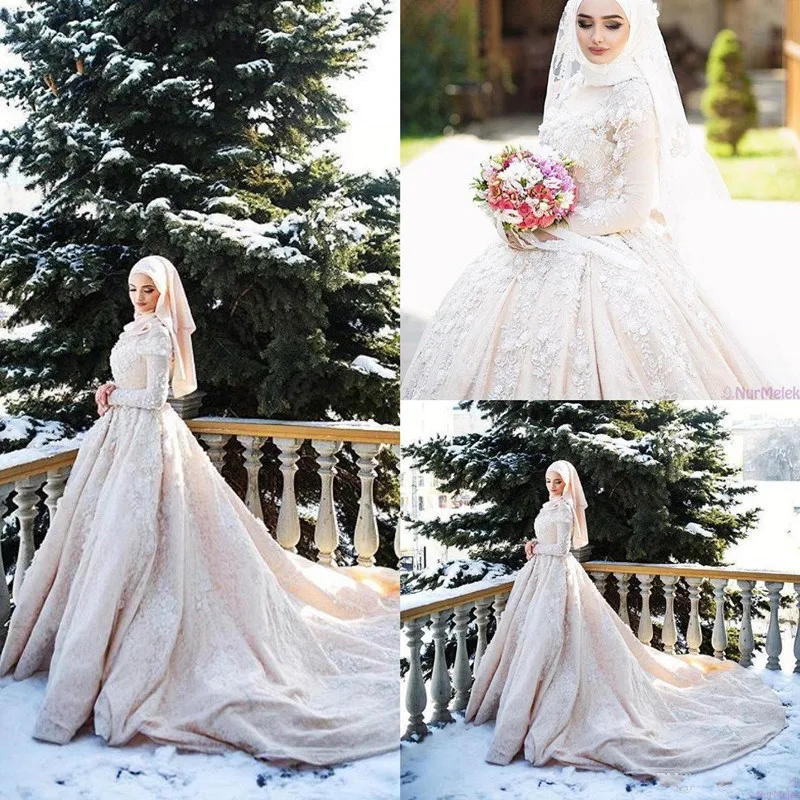 Big Promo Muslim Long Sleeve Wedding Dresses 2020 Plus Size Jewel Neck Full Lace Appliqued Arabic Middle East Hijab Wedding Gown Robes De