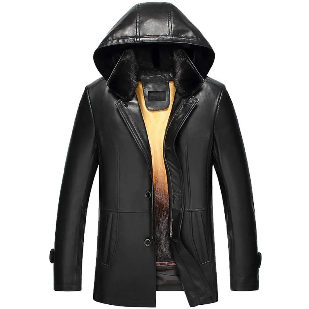 

Мужское пальто из овечьей шкуры, черная норковая шуба со съемным капюшоном, меховой воротник из меха норки, мех кролика Рекс, теплая зимняя меховая куртка, тренчкот