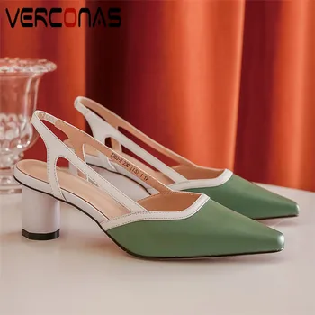 

VERCONAS Thick Heel Pointed Toe Sweet Slippers Women Genuine Leather Brand Design Summer High Heeled Sandals Elegant Shoes Woman