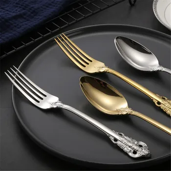 

Retro Vintage Western Gold Plated Relief Cutlery Dining Knives Forks Teaspoon Set Golden Luxury Dinnerware Tableware Set 4 pcs
