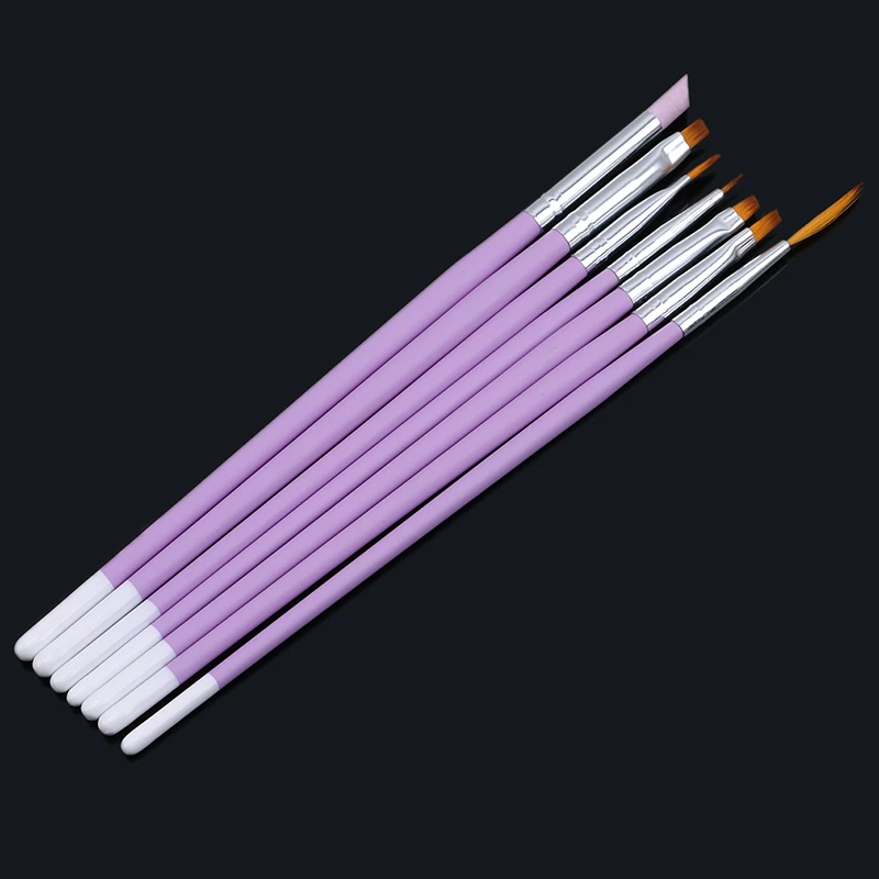 Light Purple Nail Brush Painting Liner Pen Pink Acrylic Handle UV Gel Lacquer Cuticle Remover Manicure Nail Art Tools 7 Pcs/set
