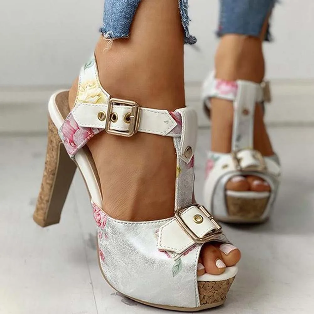 Brand Design Ladies Classic Summer Sandals Platform Thick High Heels Sandals Women 2021 Fashion Print Party Sexy Shoes Woman