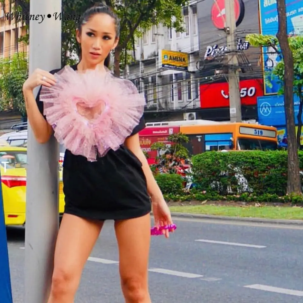 Женская футболка с оборками WHITNEY WANG летняя вырезами сетчатая сердцем 2020 | одежда