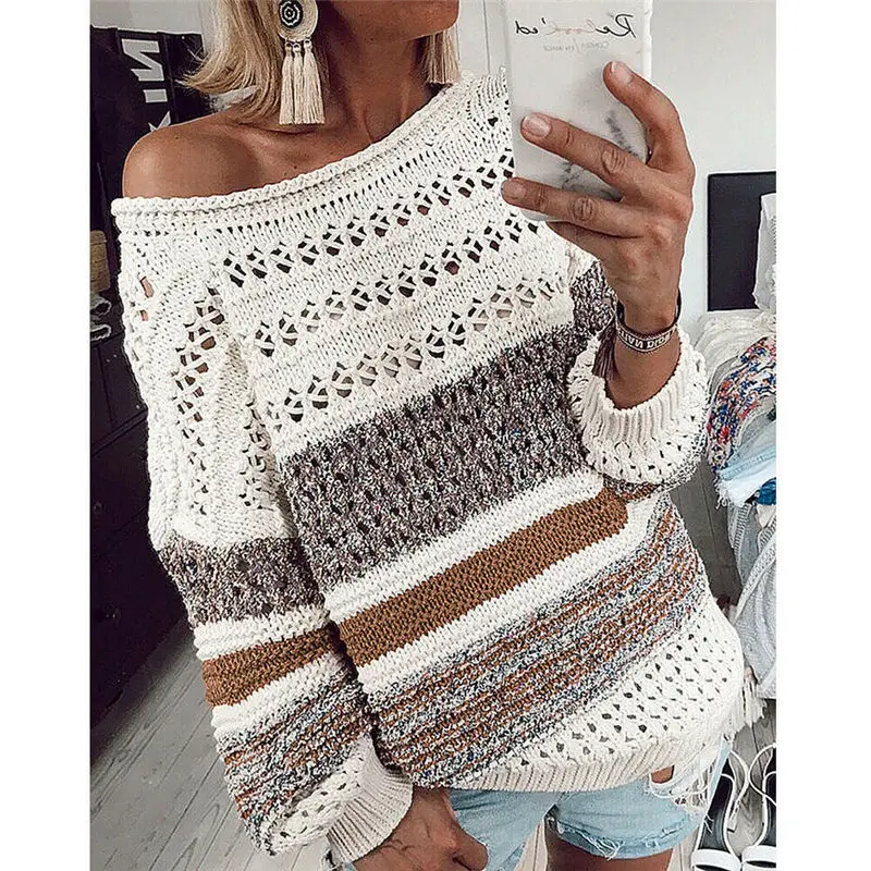Fashion Striped Pullover Sexy Pullover Long Sleeve Casual Women Ladies Hollow Out Sweaters Woman Plus Size Pullovers