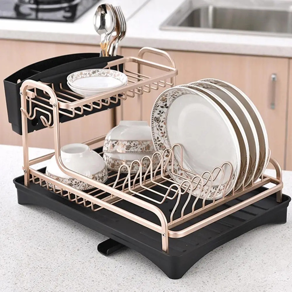 

2 Tiers Rose Gold Plated Dish Tableware Drainer Drying Rack Holder Basket Space Aluminum Kitchen Home Washing Holder Storage